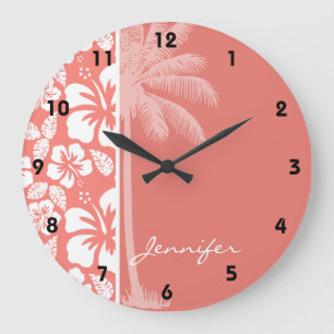 Coral Pink Tropical Hibiscus; Summer Palm Large Clock