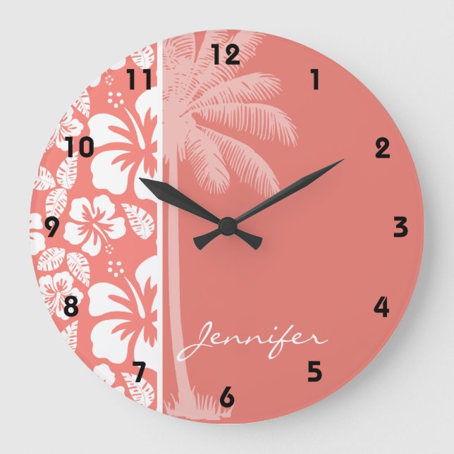 Coral Pink Tropical Hibiscus; Summer Palm Large Clock (Front)