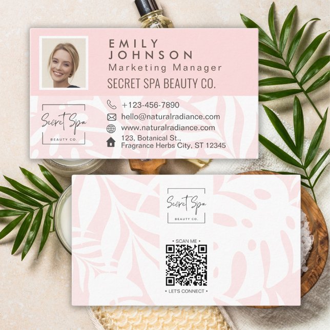 Coral Pink Tropical Leaf Beauty & Spa Photo QR Business Card (Coral Pink Tropical Leaf Beauty & Spa Photo QR Business Card)