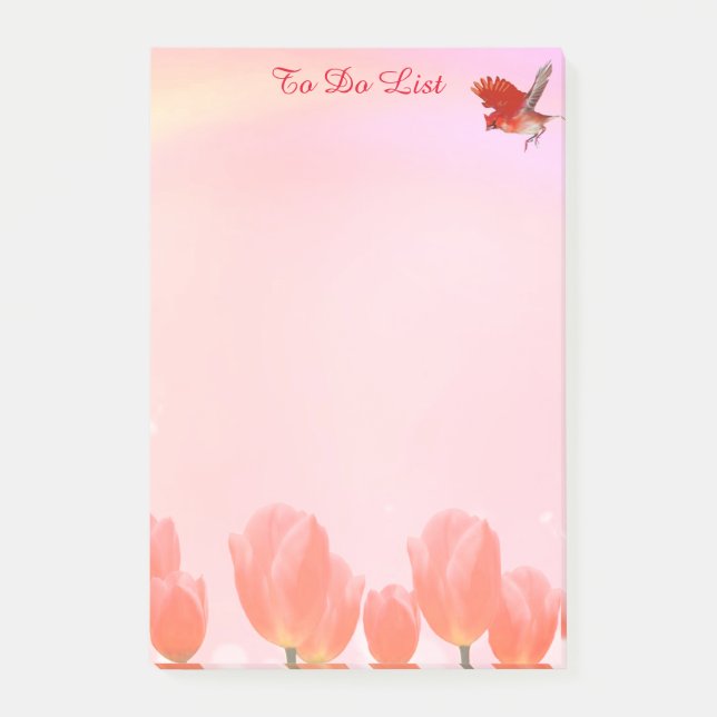 Coral pink tulip flowers & cardinal bird on  pink post-it notes (Front)