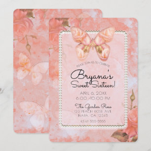 Coral Pink Vintage Butterfly Rose Sweet 16 Party Invitation