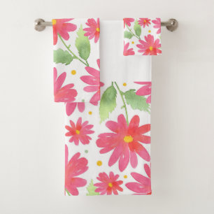 Coral Pink Watercolor Daisy Pattern 2  Bath Towel Set