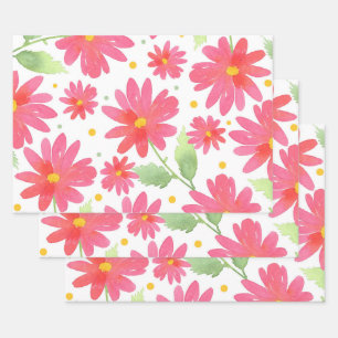 Coral Pink Watercolor Daisy Pattern 2 Wrapping Paper Sheet