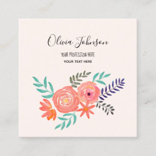 Coral Pink Watercolor Flower Bouquet Square Business Card