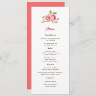 Coral Pink Watercolor Roses Wedding Menu Card