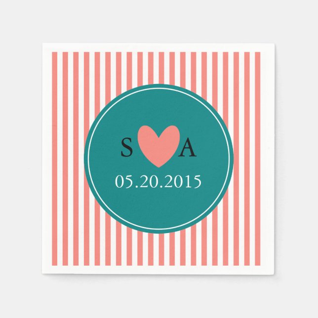 Coral Pink, White and Teal Wedding Napkin (Front)
