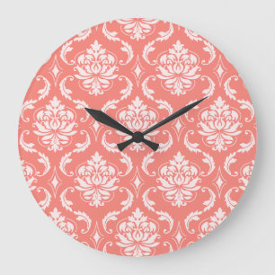 Coral Pink White Classic Damask Pattern Large Clock