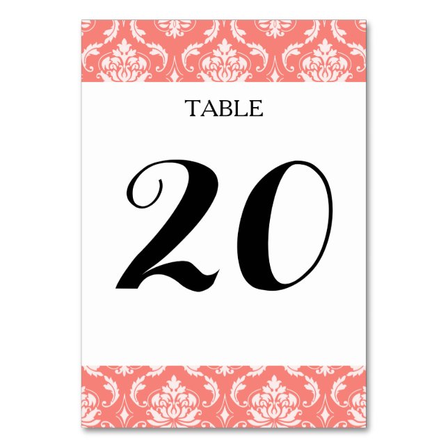 Coral Pink White Classic Damask Pattern Table Number (Front)