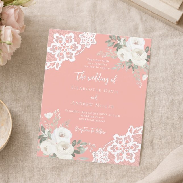 Coral pink white lace wedding invitation (Creator Uploaded)