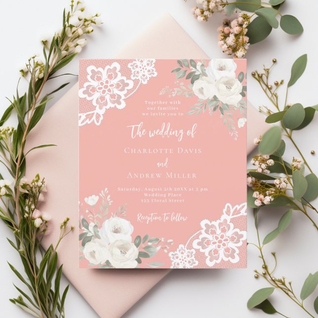 Coral pink white lace wedding invitation (Creator Uploaded)