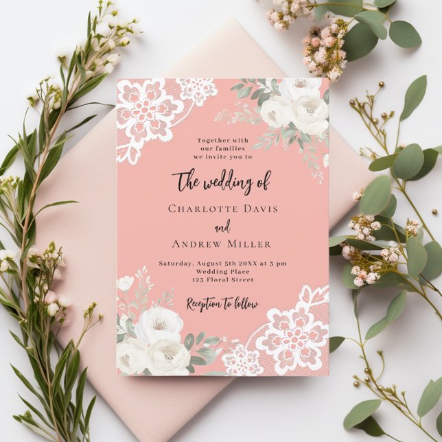 Coral pink white roses lace wedding invitation (Creator Uploaded)