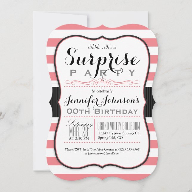 Coral Pink & White Stripes Surprise Party Invitation (Front)