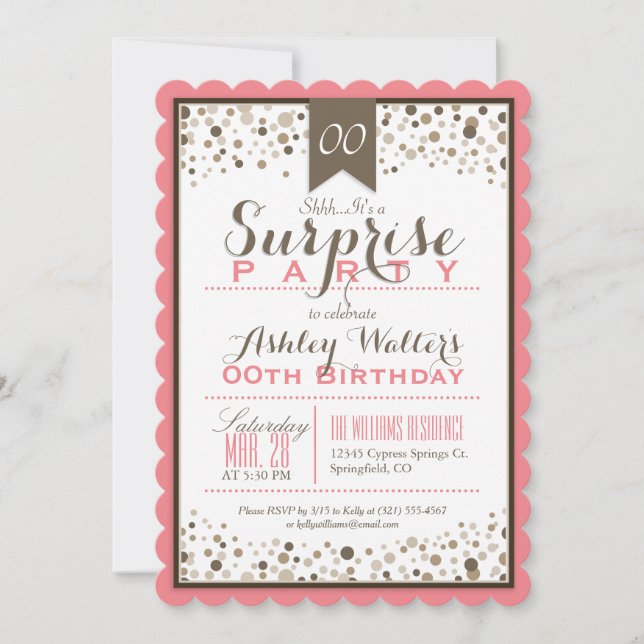 Coral Pink, White, Taupe Surprise Party Invitation (Front)