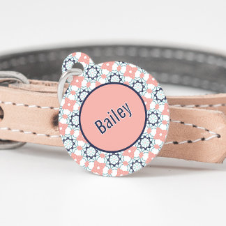 Coral Pink White Teal and Navy Blue Kaleidoscope Pet Tag