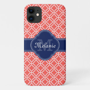 Coral Pink Wht Moroccan Pattern Navy Monogram Case-Mate iPhone Case