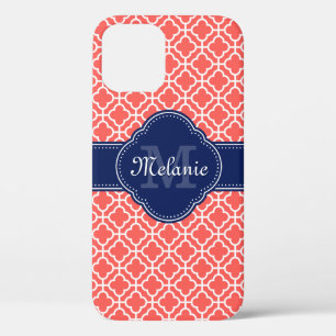 Coral Pink Wht Moroccan Pattern Navy Monogram iPhone 12 Case