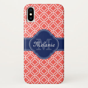 Coral Pink Wht Moroccan Pattern Navy Monogram Case-Mate iPhone Case