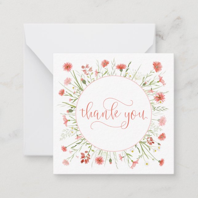 Coral Pink Wildflower Thank You Pretty Script Font Card (Front)