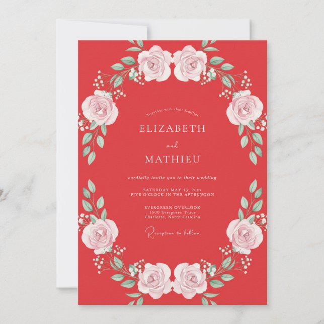 Coral Pink Wreath Wedding Invitation (Front)