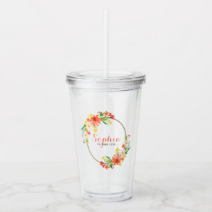 Coral Pink Yellow Daisy Flower Girl Gift Acrylic Tumbler