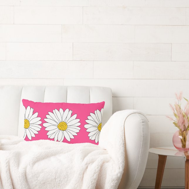 Coral Pink Yellow White Daisy Pattern Lumbar Cushion (Couch)