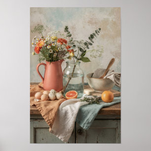 Coral Pitcher, Wildflowers, and Citrus Poster