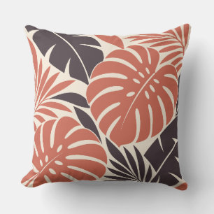 Coral Plum Tropical Leaf Silhouette Cushion