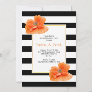 Coral poppies black white wedding engagement party invitation