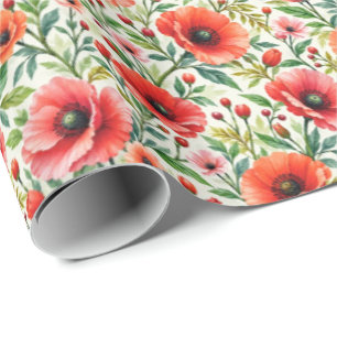 Coral Poppies Botanical Watercolor Wrapping Paper