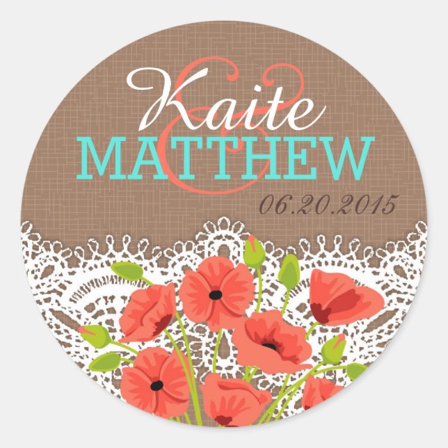 Coral Poppies Lace Burlap Wedding Label (Front)