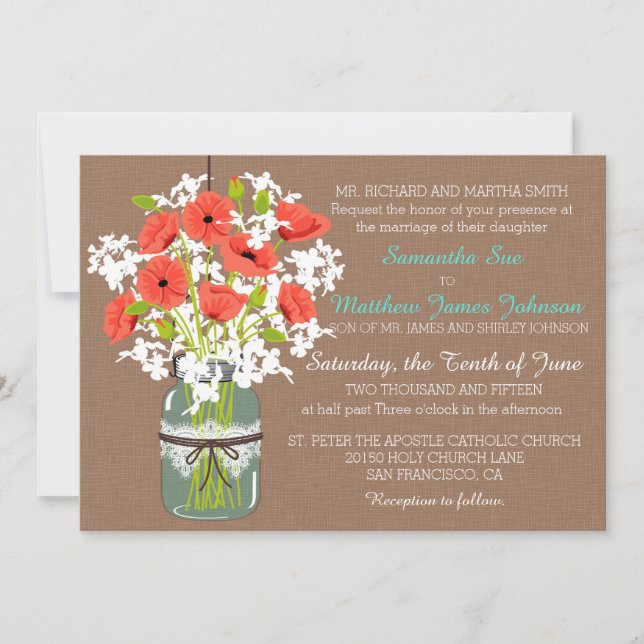 Coral Poppies Mason Jar Burlap Rustic Wedding Invitation (Front)