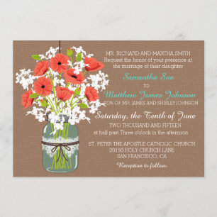 Coral Poppies Mason Jar Burlap Rustic Wedding Invitation