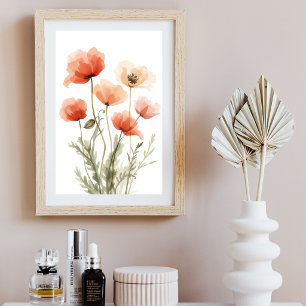 Coral Poppies Watercolor Floral Wall Art