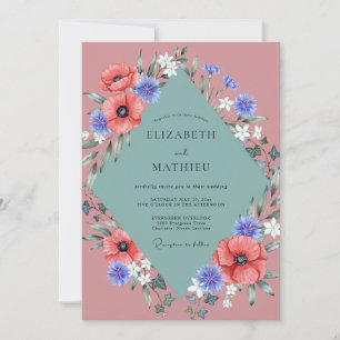 Coral Poppy Cornflower Wedding Invitation