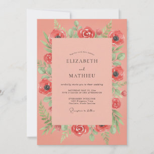 Coral Poppy Foliage Wedding Invitation