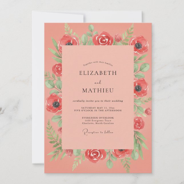 Coral Poppy Foliage Wedding Invitation (Front)