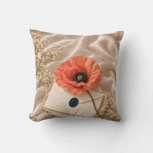 Coral Poppy Ivory Silk Vintage Envelope Still Life Cushion
