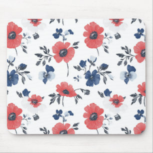 Coral Poppy Navy Blue Floral Botanical Mouse Pad