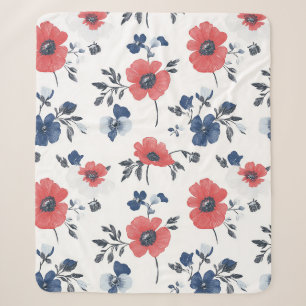 Coral Poppy Navy Blue Floral Botanical Sherpa Blanket
