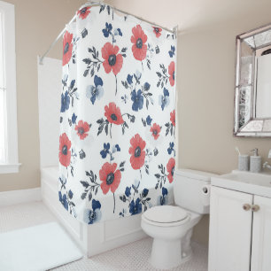 Coral Poppy Navy Blue Floral Botanical Shower Curtain