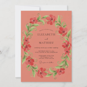 Coral Poppy Wreath Wedding Invitation