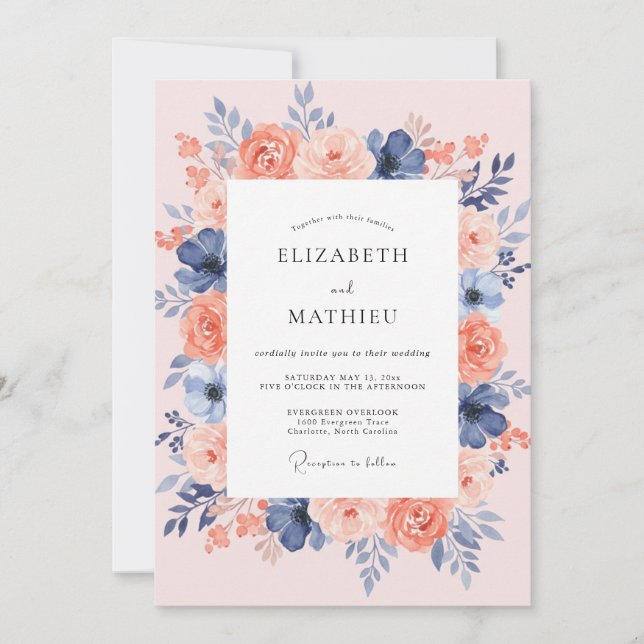 Coral Powder Blue Peony Wedding Invitation (Front)