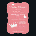 Coral princess crown baby shower invitations<br><div class="desc">Elegant coral pink and white princess crown baby shower invitations. Custom party invites with little white tiara crown. Girly dancer design for girls. Customise cutout shape. Custom background colour. ie yellow, grey, teal blue, purple or pink. Beautiful stylish script typography with cute heart silhouettes. Personalizable template with RSVP and registry...</div>