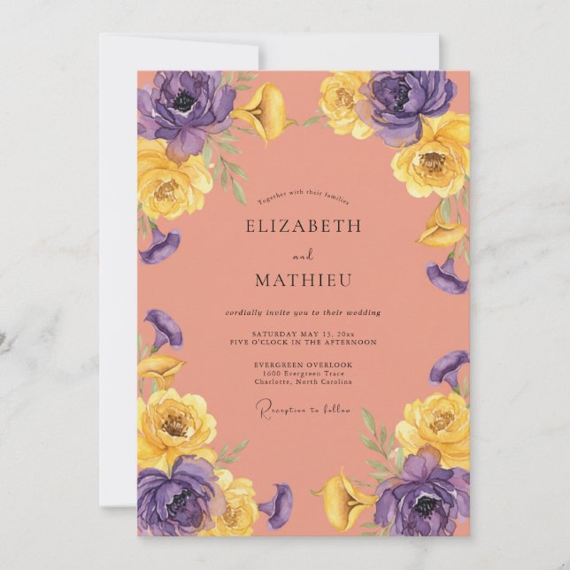 Coral Purple Ranunculus Eucalyptus Wedding Invitation (Front)
