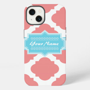 Coral Quatrefoil Aqua Personalised Name N1 iPhone 13 Case