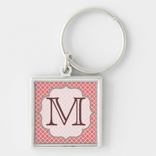 Coral Quatrefoil Latti Monogram Initial Key Chain (Front)