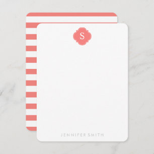 Coral Quatrefoil Monogram and Stripes Note Cards