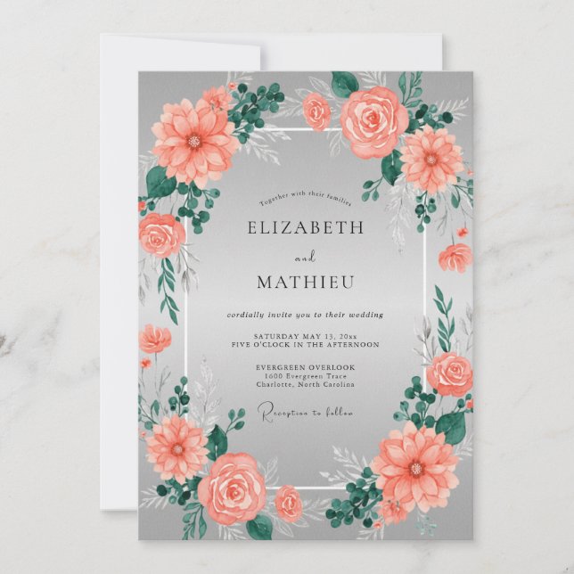 Coral Radiant Silver Floral Wedding Invitation (Front)