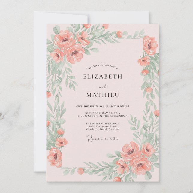 Coral Ranunculus Foliage Muted Eucalyptus Wedding Invitation (Front)