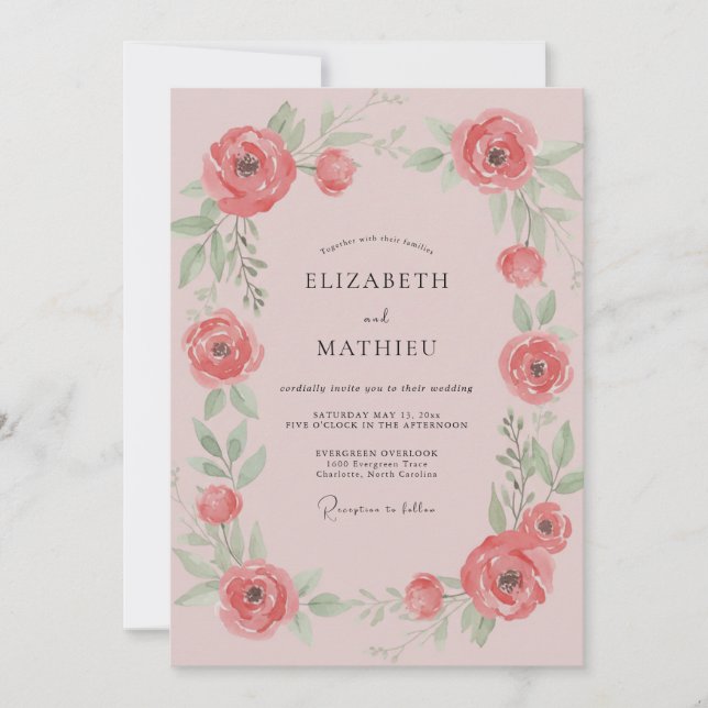 Coral Ranunculus Leafy Wedding Invitation (Front)